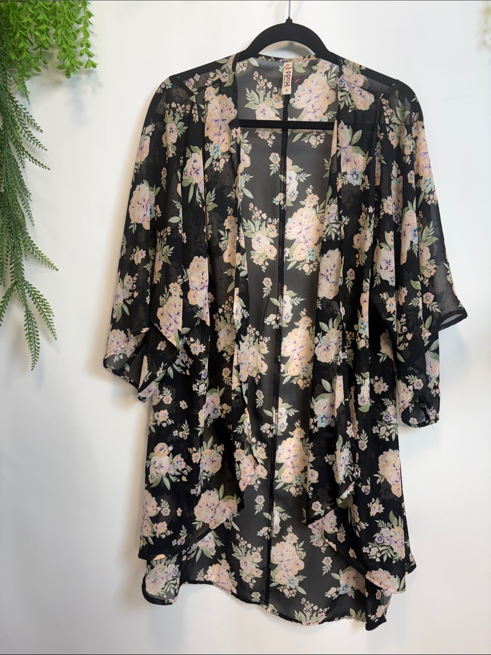 Mudd Black Sheer Floral Kimono with Pale Pink and Green Blooms